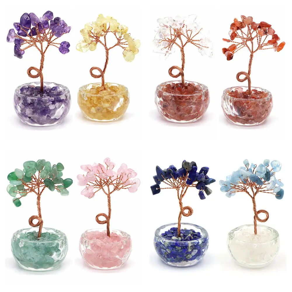 Natural Gemstone Crystal Lucky Tree With Gravel Stone Base Chakras Health Home Office Desk Living Room Crystal Decor Mini Sized view 2