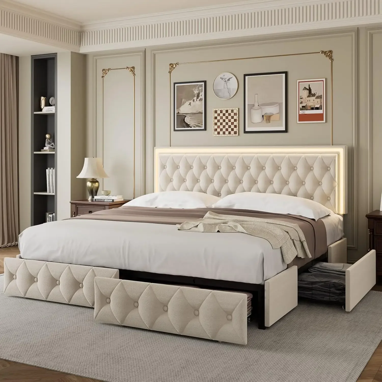 King Upholstered LED Bed Frame with 4 Drawers, Velvet Platform Storage Bed with Adjustable Button Tufted Headboard and Solid Woo