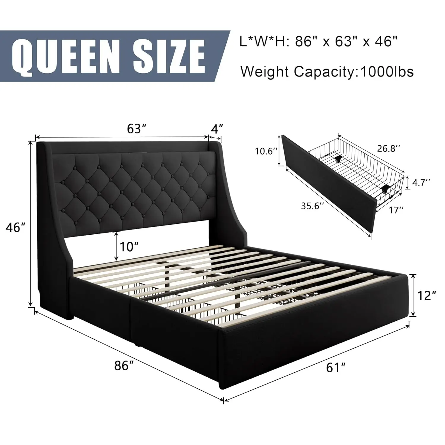 Queen Upholstered Platform Bed Frame with Storage Drawers USB Charging Wingback Headboard Wooden Slats No Box Spring, Customized - view 2