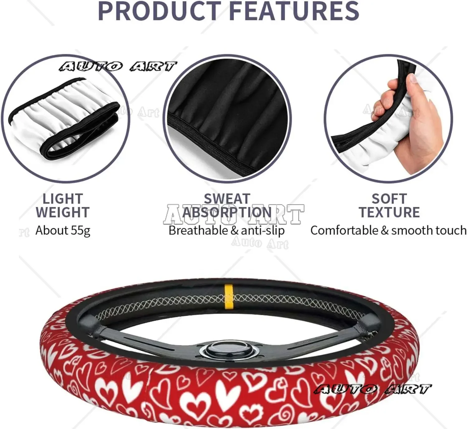 Steering Wheel Cover for Women Men Heart Red Valentine Day Neoprene Steering Wheel Protector Universal Fit Most Car Sedans