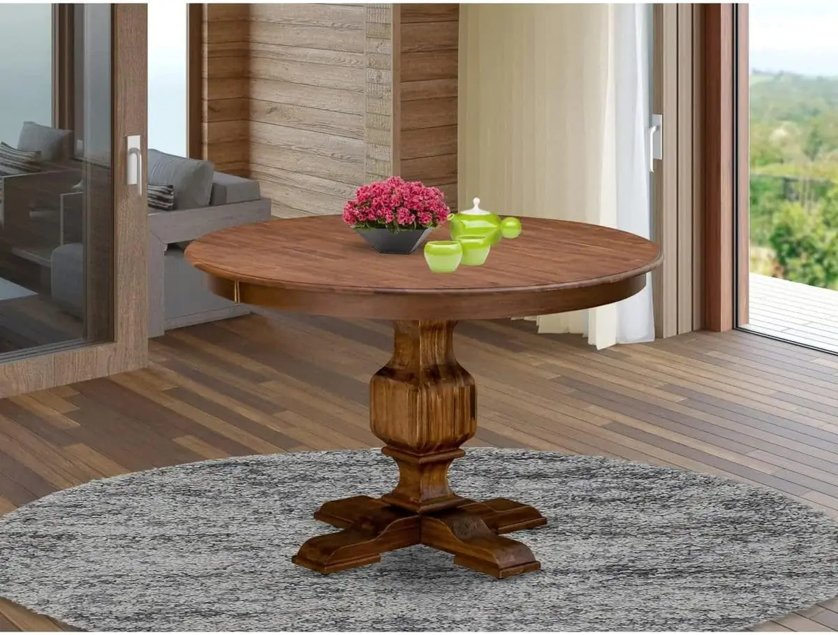 FE3-0N-TP Ferris Modern Kitchen Table - a Round Dining Table Top with Pedestal Base, 48x48 Inch, Sandblasting Antique Walnut