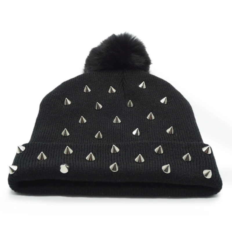 Soft Black Warm Punk Beanie Hat Knitted Acrylic Winter for Women and Girls Dropship