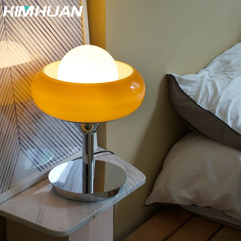 Living Room Retro Glass Table Lamp Modern bauhaus lamp Bedroom Bedside Study Living Room Retro Yellow Cream Egg Tart Table Light