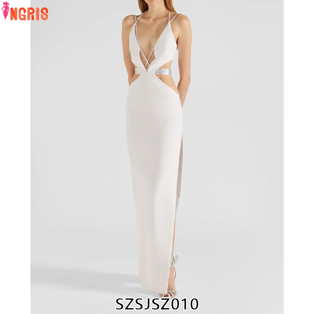 

Wholesale High Quality Temperament Hot Diamond Hollow Long Summer Dresses Bandage White Bodycon Dress-SZSJSZ010