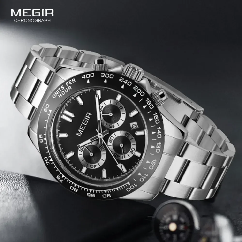 Megir moda relógios de quartzo para homens marca superior relógio cronógrafo luxo com pulseira aço inoxidável à prova dwaterproof água 24 horas relógio de pulso