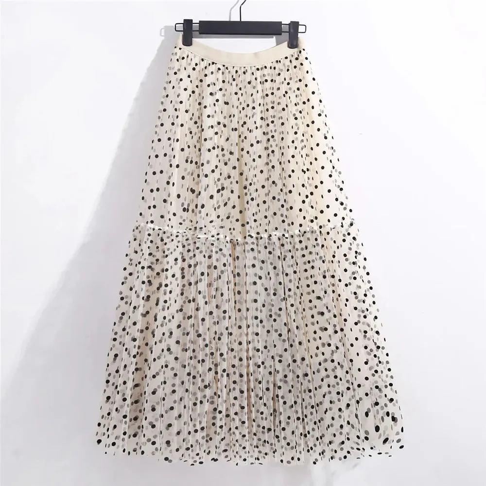 Elegant Polka Dot Tulle Skirts Women Casual Mesh Elastic High Waist A-Line Skirt Female Party Beach Princess Midi Pleated Skirt