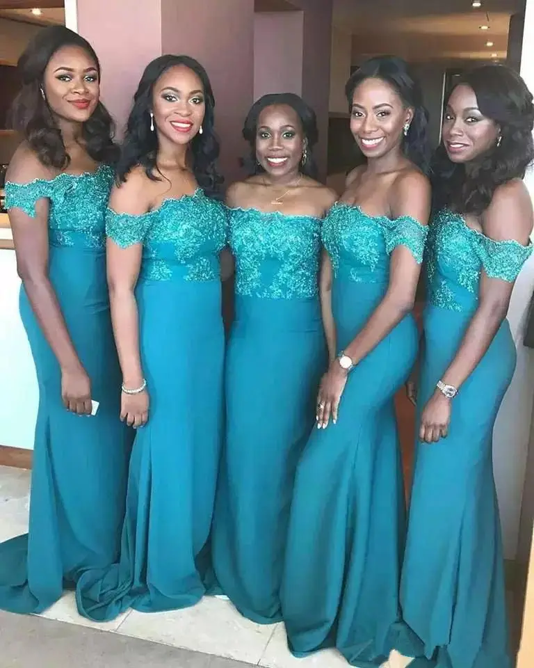 

New Custom Off-Shoulder Mermaid Bridesmaid Dresses Floor-Length Sweep Train Applique Satin long Wedding Party Events