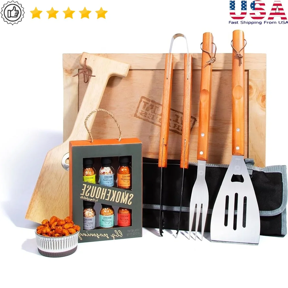 

Набор инструментов для гриля-барбекю, трехсекционный ящик для заднего двора, шпатель, щипцы, вилка, скребок для твердой древесины, подарок для парней