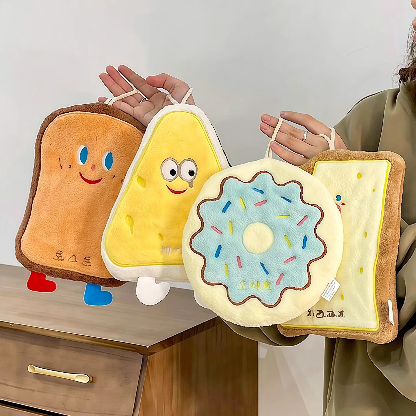 Cute Hand Towel Wall-mounted Thicken Toilet Cartoon Handkerchief Towel Toast Cheese Cookies Donuts Hand Washing Handkerchief