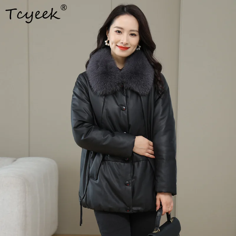 Tcyeek 리얼 양가죽 화이트 덕다운 가을 겨울 라펠 중간 길이 여성용 천연 가죽 재킷