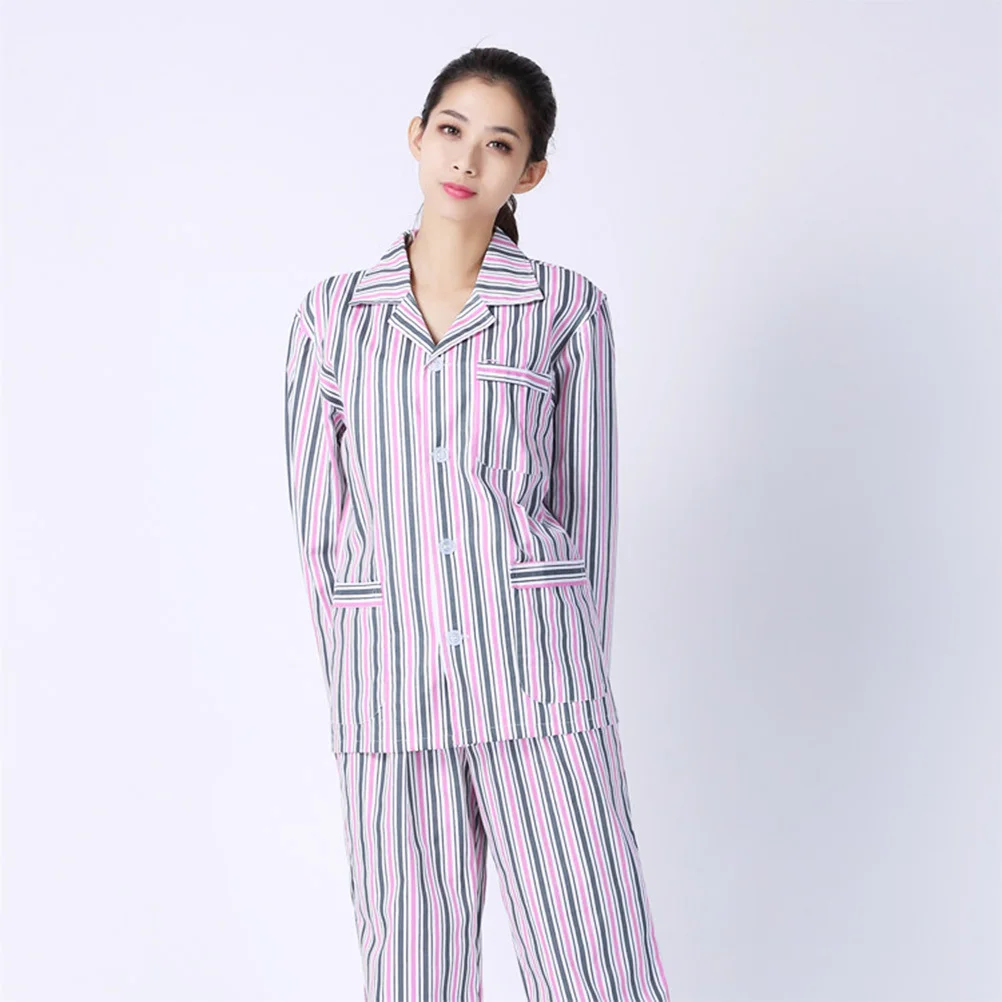 Pijamas de algodão femininos manga longa confortável roupas hospitalares rosa branco listra m pacientes acamados clássico gola entalhe