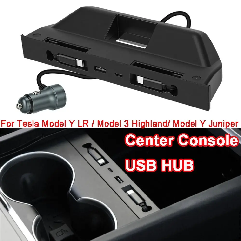 Hidden Center Console USB HUB Retractable Cable Type-C Charge Hub for Tesla Model Y Juniper/ Model Y LR / Model 3 Highland