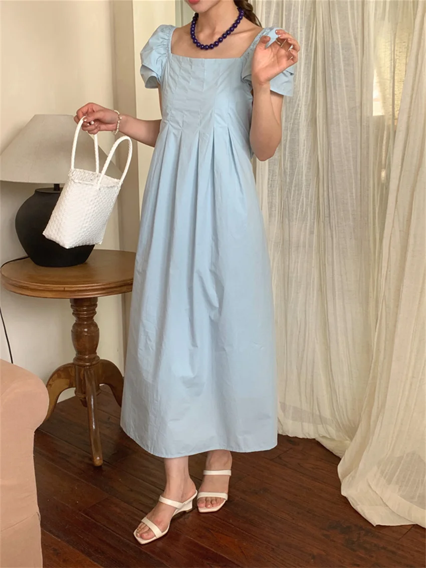 Alien Kitty Gentle Solid Long Dress Women Square Collar Slim Puff Short Sleeve 2024 Sweet Chic Casual Summer Office Lady Daily