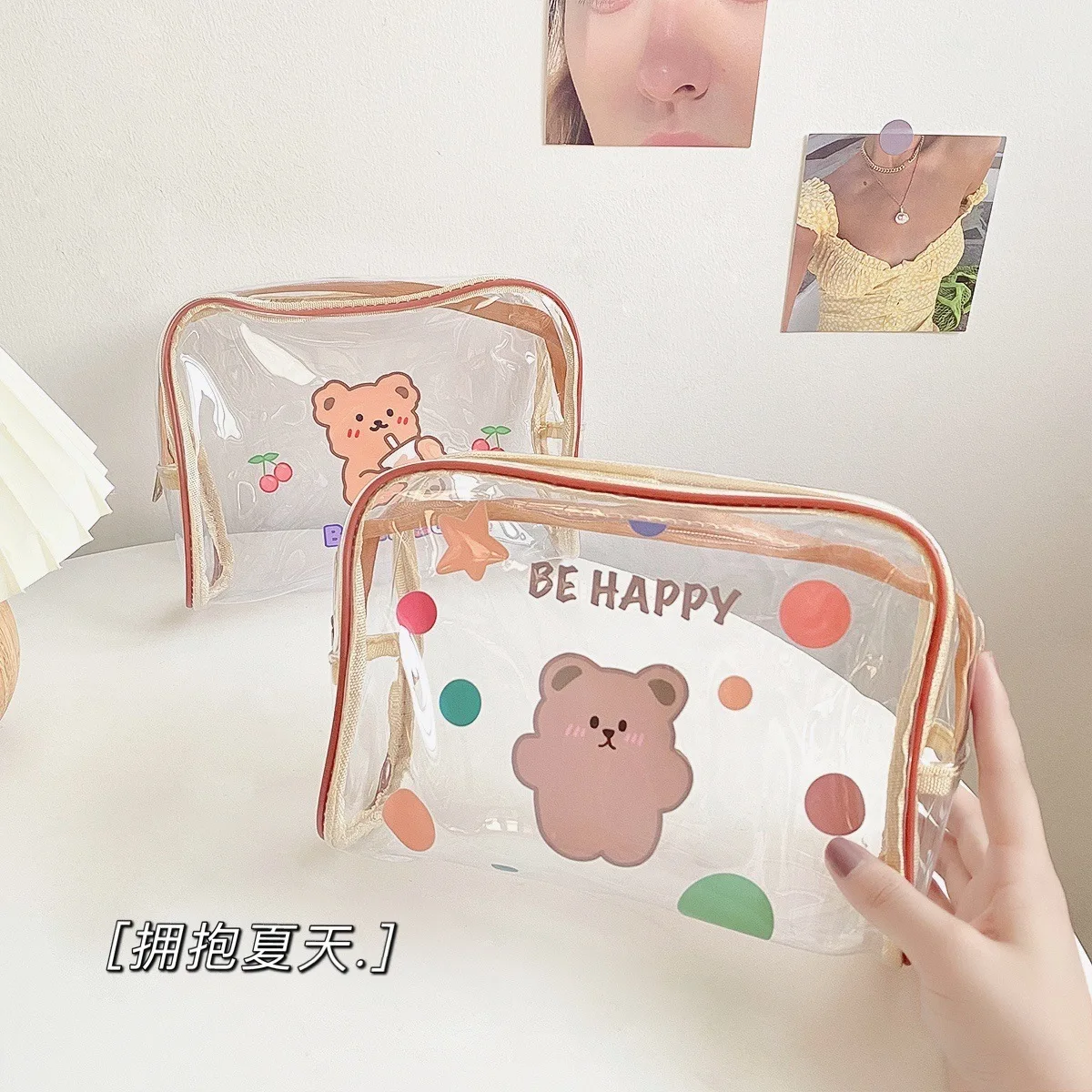 Clear Makeup Bag Fashion Transparent Travel Portable Mini Wash Storage Bags Cartoon Bear Women Zipper Cosmetic Bag 2023