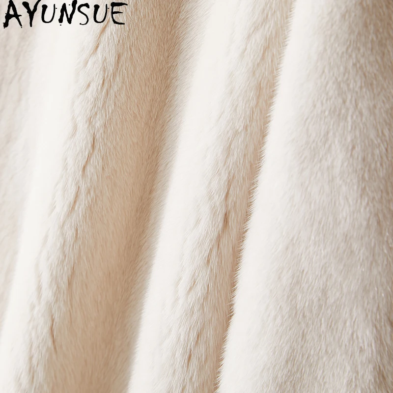 AYUNSUE Naturalne płaszcze z futra norek dla kobiet, beżowe płaszcze zimowe damskie 2025, średniej długości, w stylu koreańskim, odzież damska, pelzmantel damen