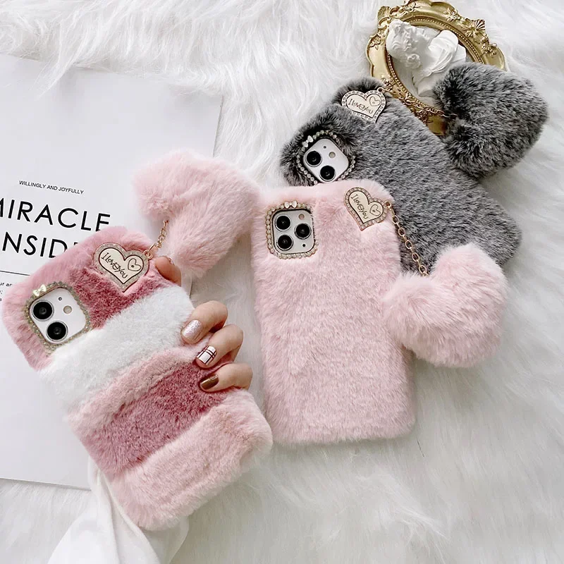 Luxury Diamond Fluffy Fur Case For Xiaomi Mi 13T 14 M6 X6 Redmi 13C A3 Note 13 Pro Plus 12 12S Furry Plush Shockproof Soft Cover