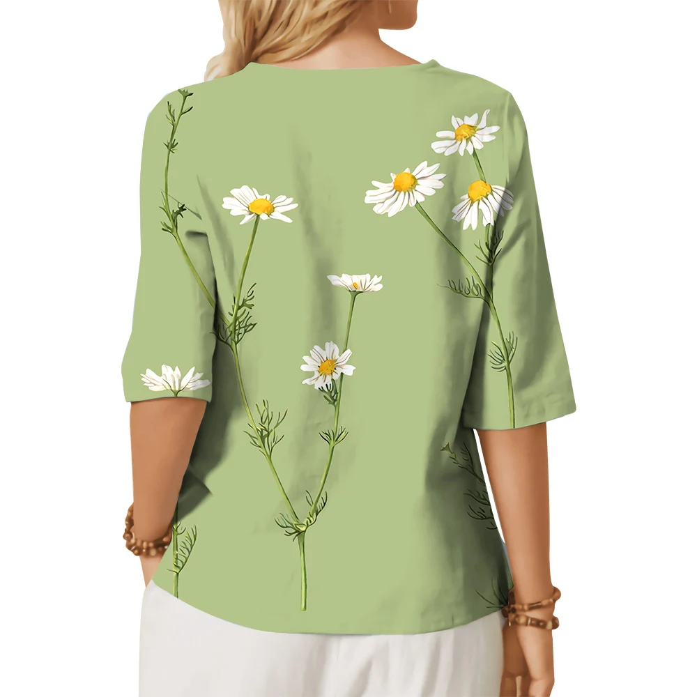 CLOOCL Women T-shirt Simple Daisies Pattern 3D Printed Tees Button Decorate Middle Sleeve Tees Summer Fashion Women Blouses