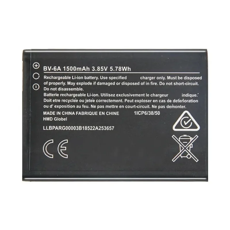 New BV-6A 3.85V 1500mAh Replacement Mobile Phone Battery for Nokia Banana 2060 3060 5250 C5-03 8110 4G Batteries
