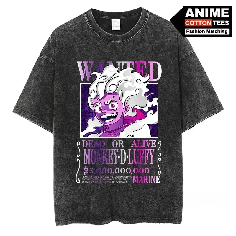 

Anime Pirate King Peripheral Clothing Color WANTED Poster Series Print T Shirt Cotton Washed Vintage Unisex Oversized Loose Tees