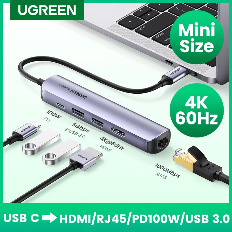 맥북 에어 프로 2020 개 USB 허브용 UGREEN USB C 허브 4K 60Hz 미니 USB 타입 C 3.1-HDMI RJ45 PD USB 3.0 OTG 어댑터 USB C Dock