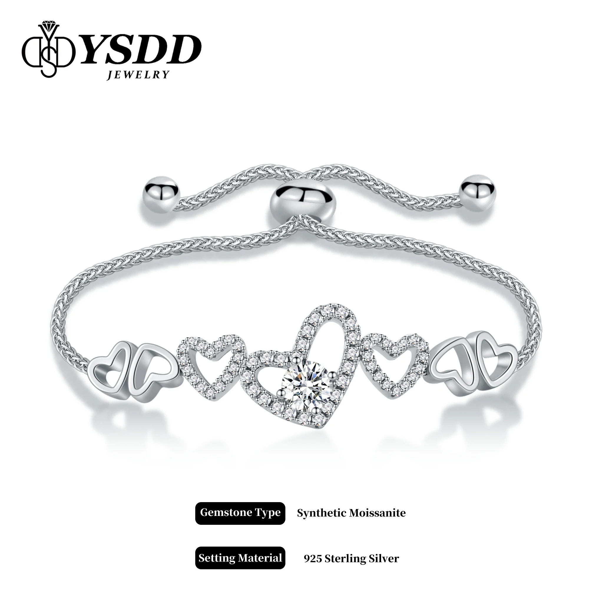 # 427 Модный женский браслет из стерлингового серебра S925 с круглым муассанитом в форме сердца диаметром 0,5 карата, с сертификатом