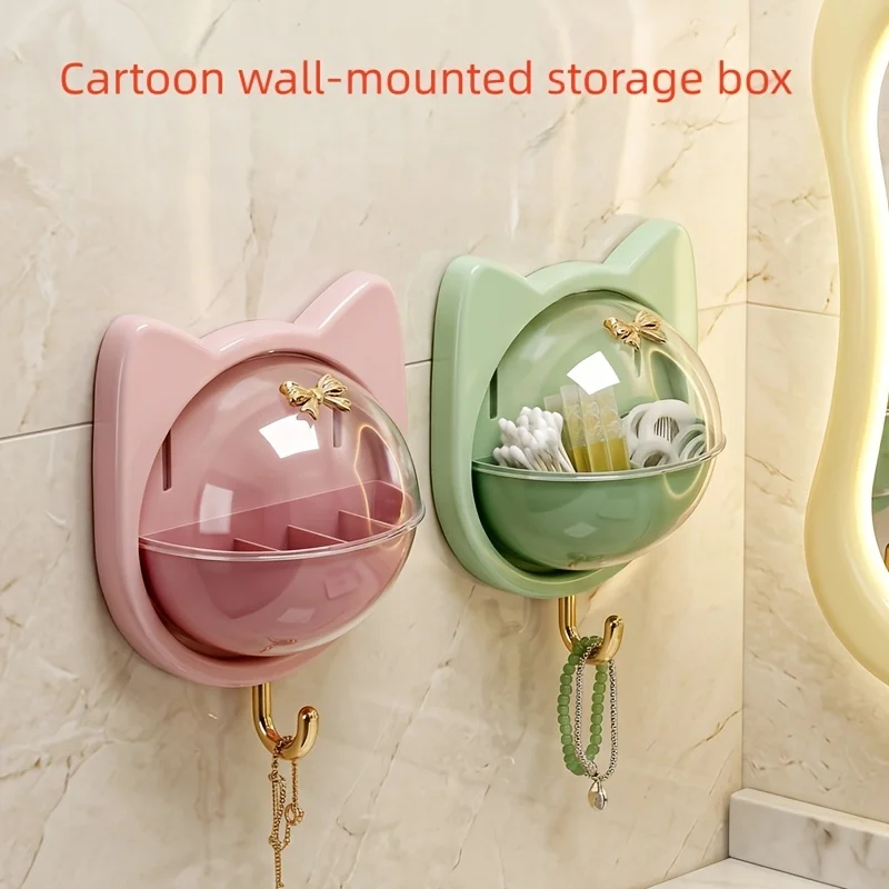 Organizador de pared con forma de oreja de gato, con tapa abatible y gancho - Estante de plástico impermeable sin perforaciones, adecuado para almacenamiento en la cocina.