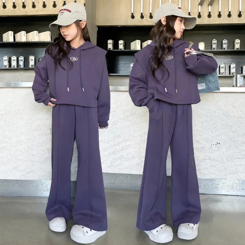 ZOETOPKID Girls Stylish Cotton Crop Plain Patchwork Hooded Sweatshirt+Loose Pant Set School Kids 2PCS Tracksuit Children Outfits