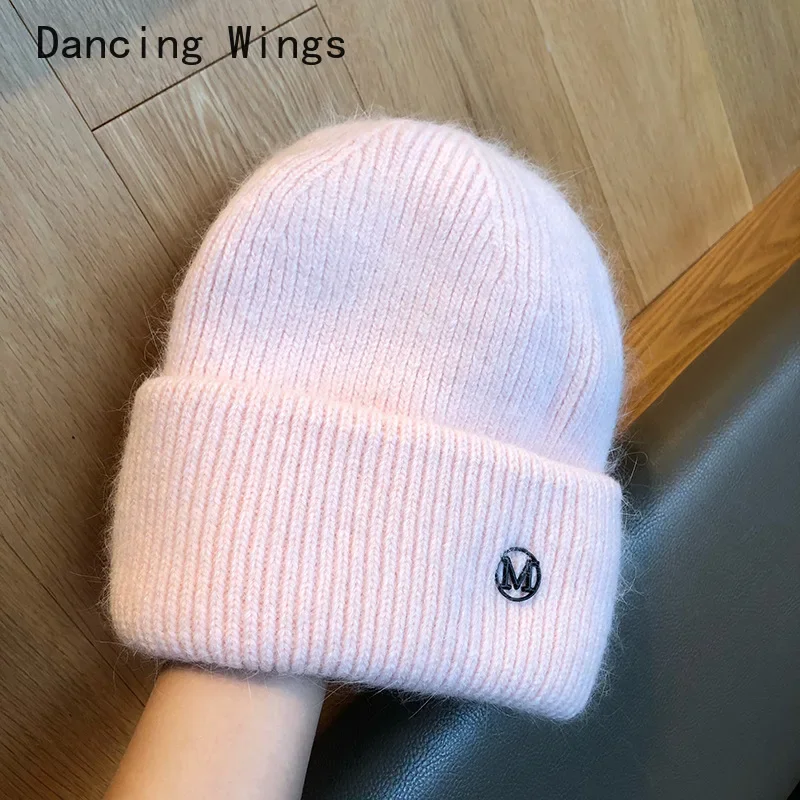 New Fashion Rabbit Fur Women's Hats Winter Thick Warm Knitted Hats Solid Color Letter M Soft  Beanie skullies