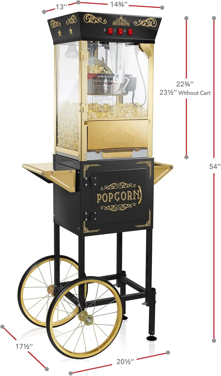 Midway Movie Theater-Style Popcorn Machine Maker with Cart and 8-Ounce Kettle - Black, Vintage-Style Popper on Wheels