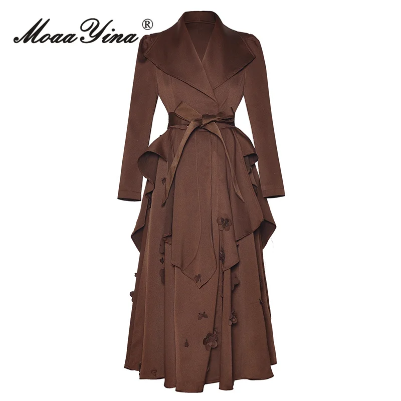 MoaaYina cuello de manga larga con cordones en la cintura borde con volantes flor tridimensional gabardina larga de moda 2025 otoño nuevo