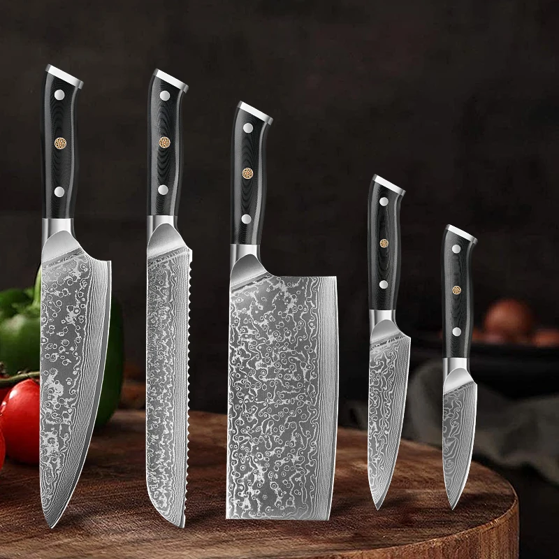 

1-5 PCS Chef Knife Set Damascus Steel Kitchen Knives Carving Knife,Paring,Bread ,Utility ,Chef Special Knife With G10 Handle