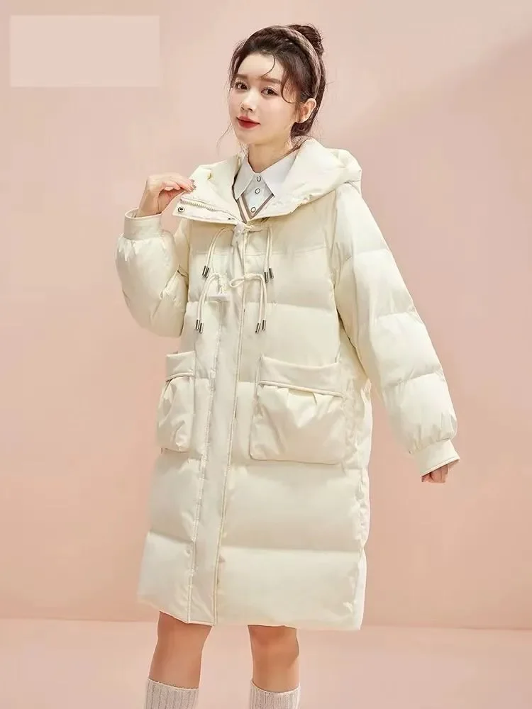 Korean Design Loose Down Cotton Jackets Women Hooded Zipper Horn Button Solid Abrigos Winter Warm Thicken Long Sleeve Chamarras