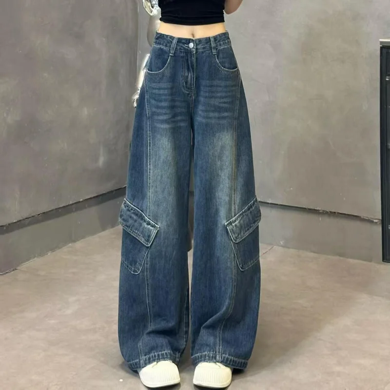 

Korean Version of Retro American Lazy Wide-leg Spliced denim High-waist Pants Casual Loose Slim Straight Versatile Trousers