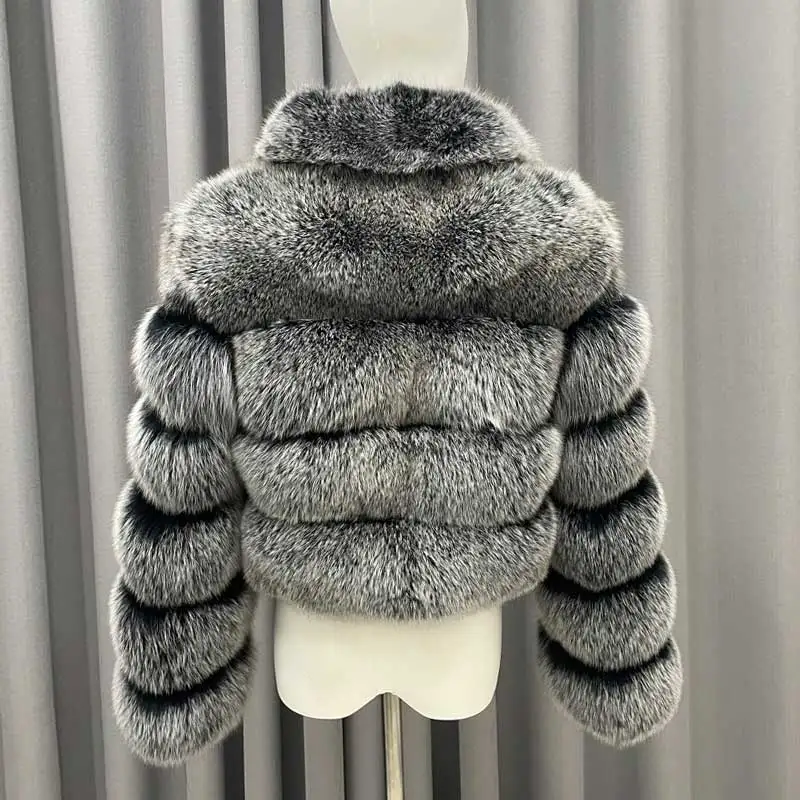 Winter Ladies Cropped Fur Coats Casual Fashion Square Neck Long Sleeves High Quality Real Fox Fur Jacket