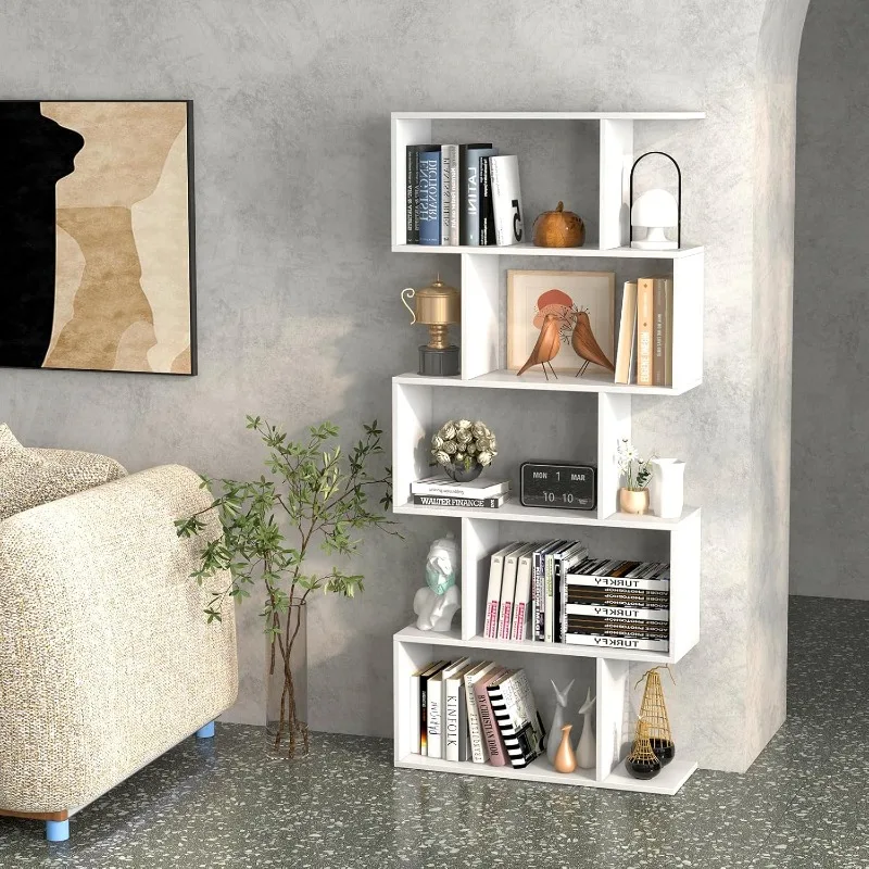 5-Tier Geometric Bookshelf, S Shaped Bookcase w/Anti-Toppling Device, Freestanding Room Divider, Industrial Home Office