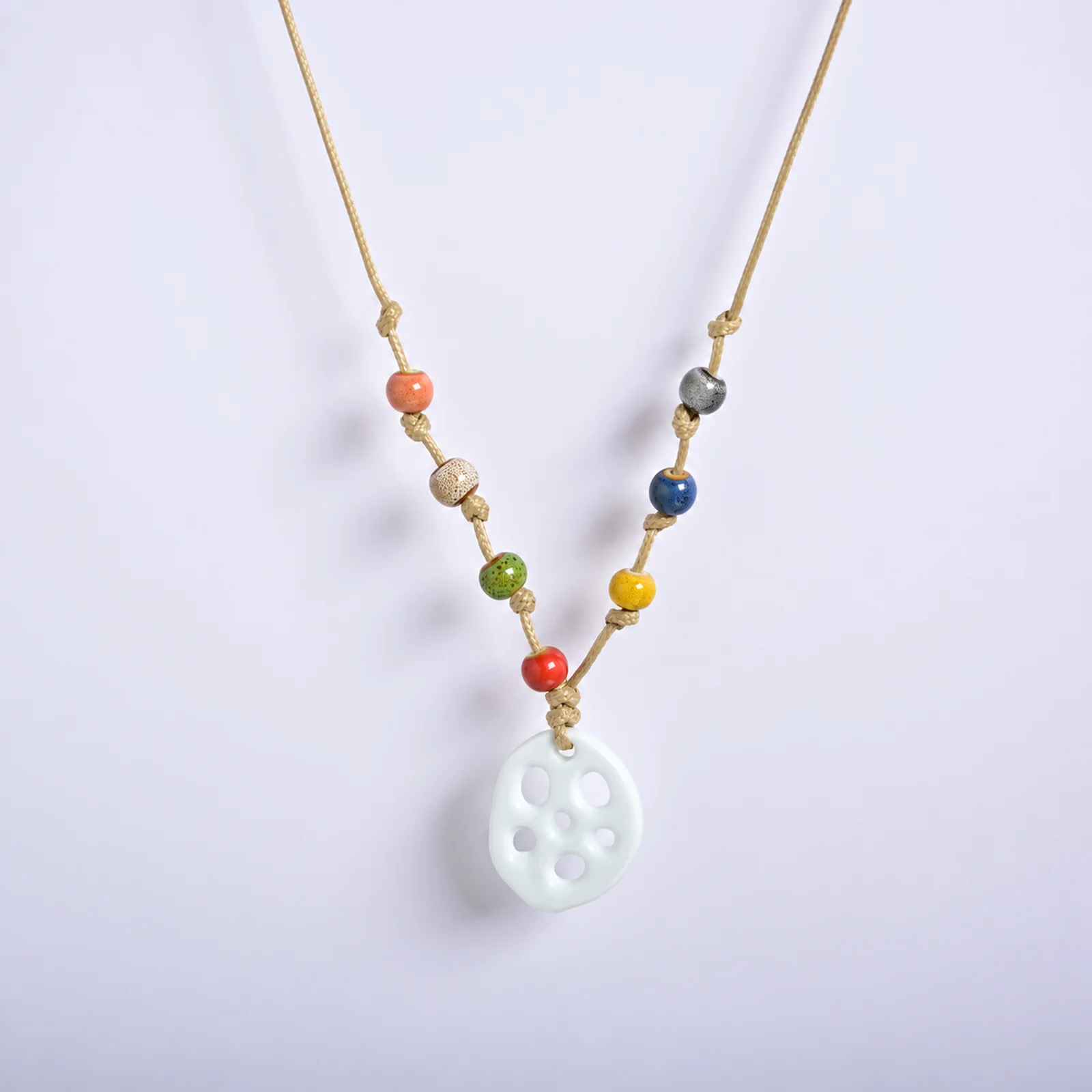 Handmade Ceramic Lotus Slice Bead Necklace with Waxed Cord Adjustable Woven Artisan Jewelry Chinese Style 609P12-06