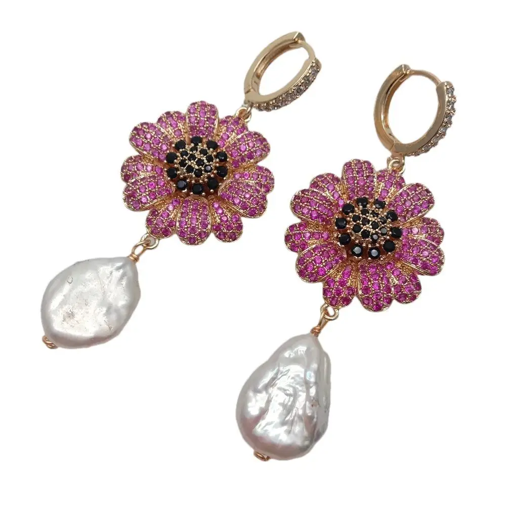 Y·YING Cultured White Coin Pearl Fuchsia Cz Pave Flower Shape Dangle Hoop Earrings