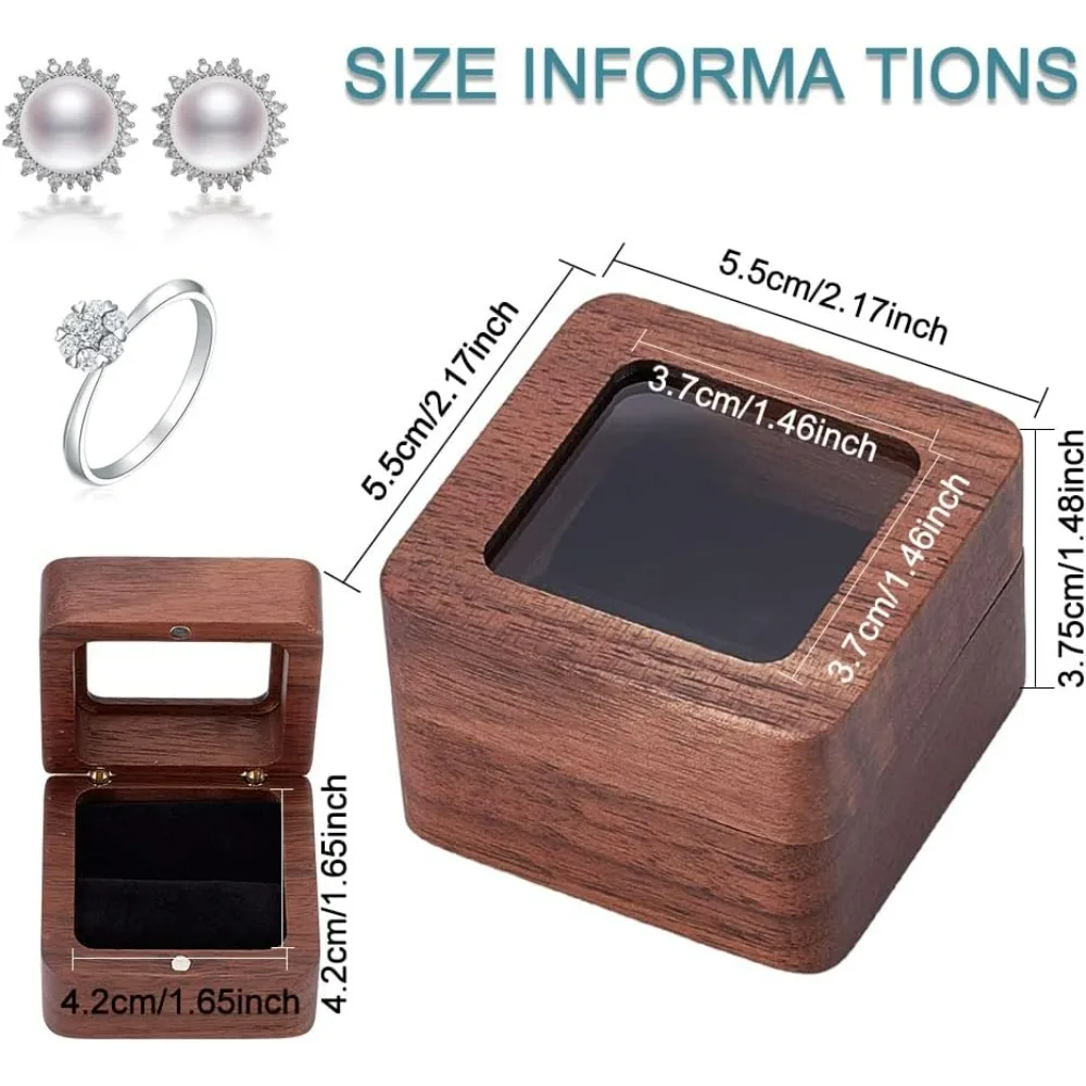 Square Wooden Ring Box with Window Walnut Vintage Jewelry Storage Box Coconut Brown Wedding Ring Bearer Box for Proposal