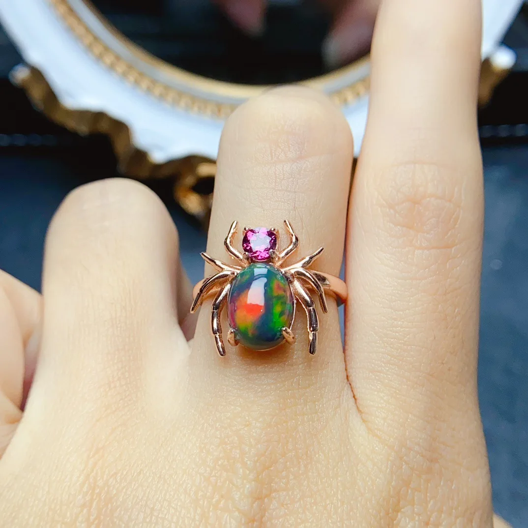 8*10mm Real Gemstone S925 Sterling Silver Fine Charm Natural Opal Spider Ring Weddings Birthstone Animal Jewelry for Women