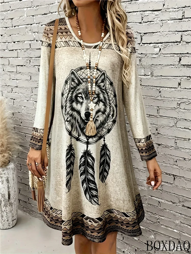 Women's Retro Loose Dresses 2026 Autumn Long Sleeves Round Neck Animal Dreamcatcher Pattern Ethnic Style Print Casual Dress