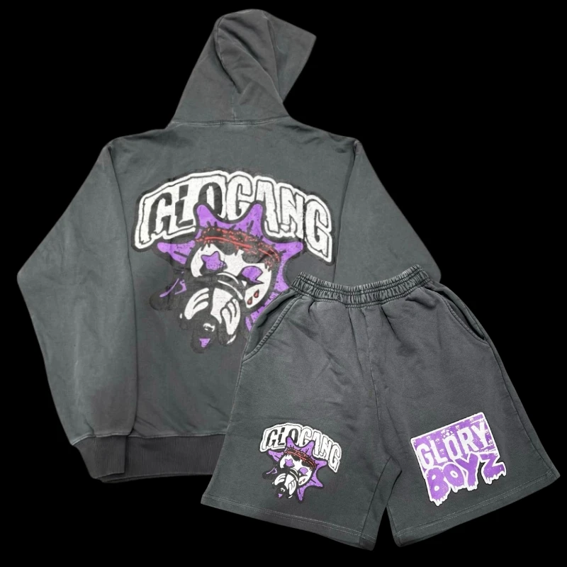 Purple Cartoon Beverage Square Pixel Print Hoodie Set Wahsed Grey Glo Gang Jacket Men Women Hiphop Streetwear Casual Shorts