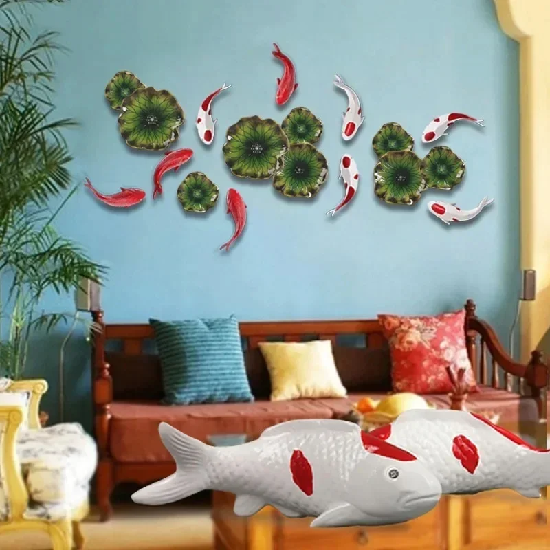 Wall Decor Hanging Ornaments Living Room Decor Painted Carp Lotus Leaf Wall Background Display Lotus Flower Carp Fish Pendants