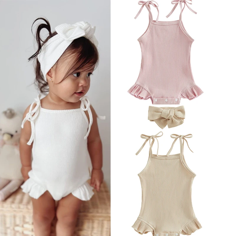 FOCUSNORM-Pelele dulce para niñas de 0 a 18 meses, monos con volantes sin mangas y tirantes finos de punto acanalados de Color sólido