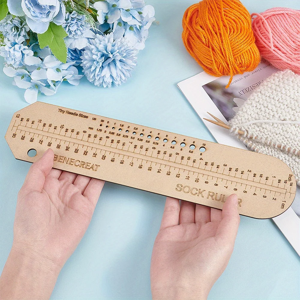 Flat 2D Wooden Sock Knitting Ruler Durable Wood Weaving Measure Tool Handmade Knit Craft Supplies