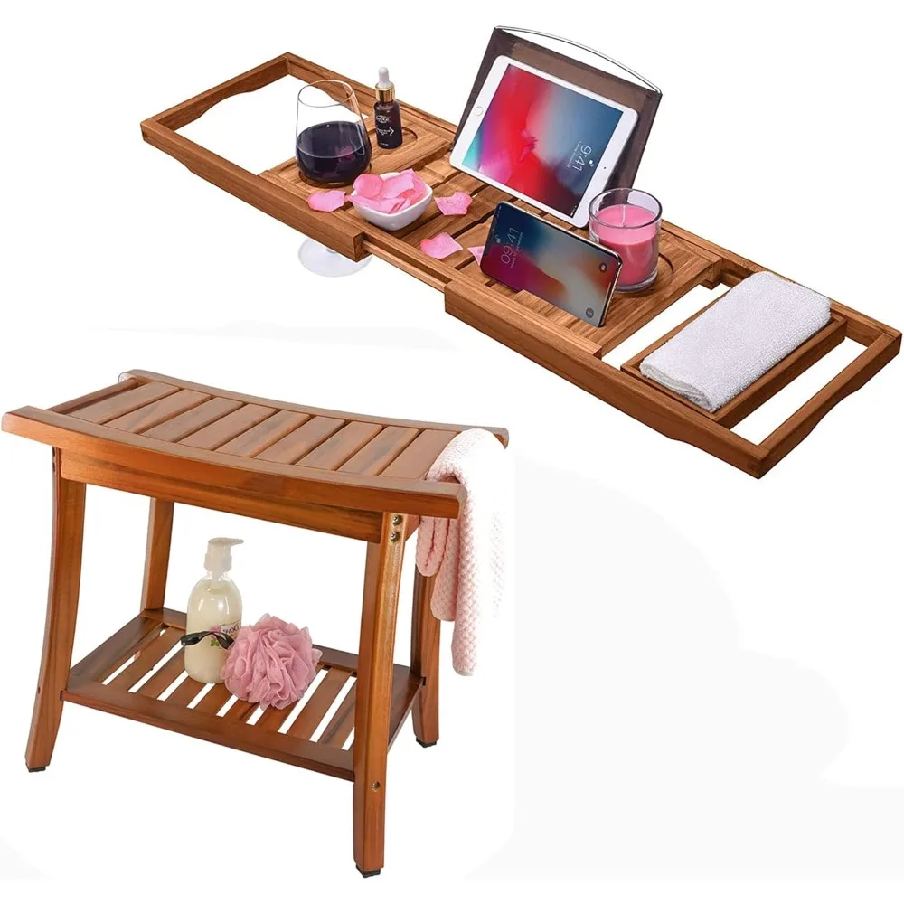 New upgrade - Teak Shower Bench Seat with Handles and Teak Bathtub Caddy Tray Bath Tray for Tub Set,Durable & Sturdy ,Brown