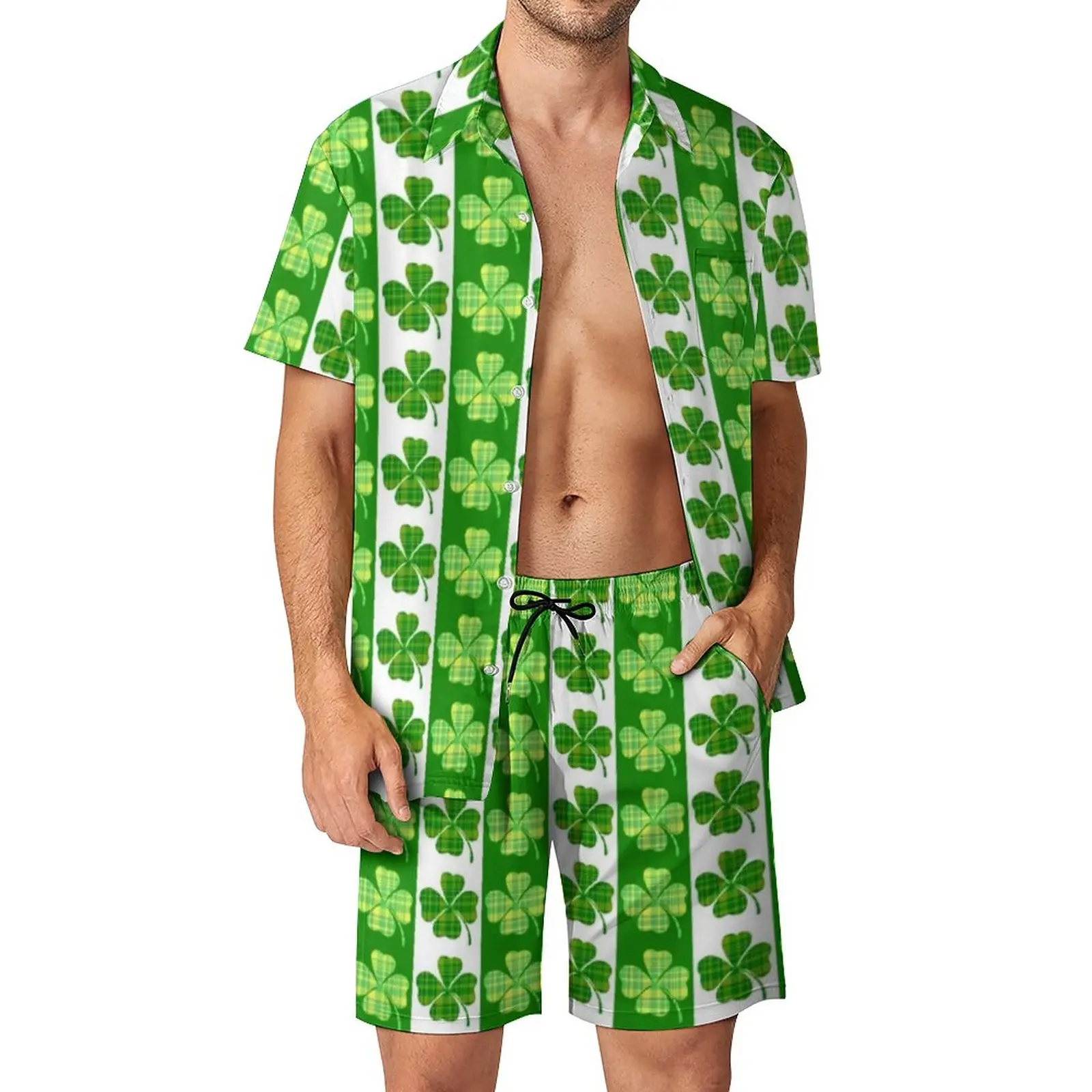 

St Patrick's Day Men Sets ST Paddys Day Green Lucky Shamrocks Casual Shirt Set Vintage Beachwear Shorts Summer Suit Two-piece