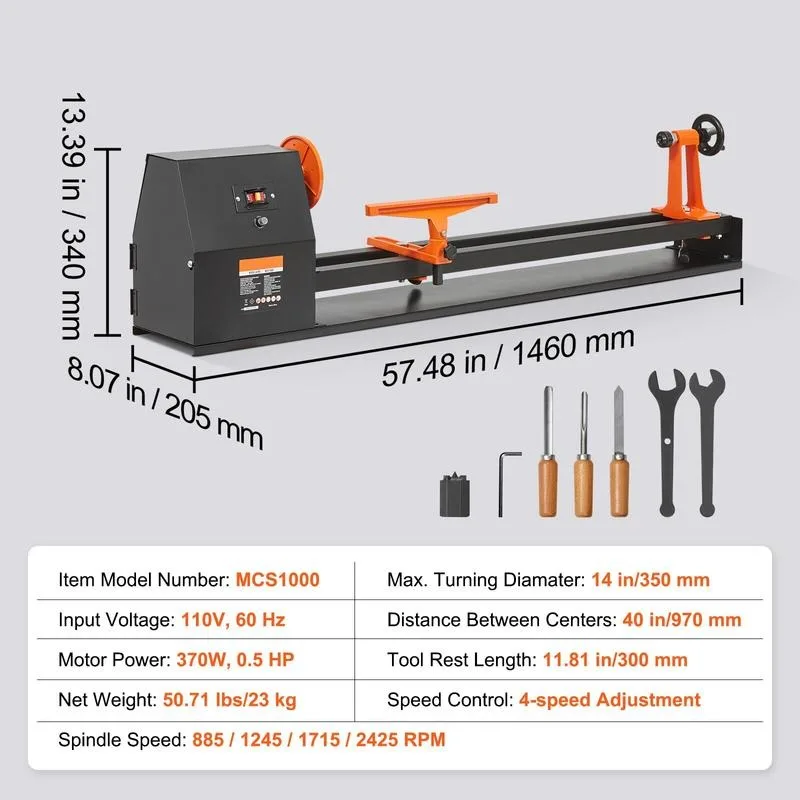 Benchtop Wood Lathe, 14 in x 40 in, 0.5 HP 370W Power Wood Turning Lathe Machine, 4 Speed Adjustable 885/1245/1715/2425 RPM with Chisels Faceplate Plastic Handle Hex Wrench, for Woodworking