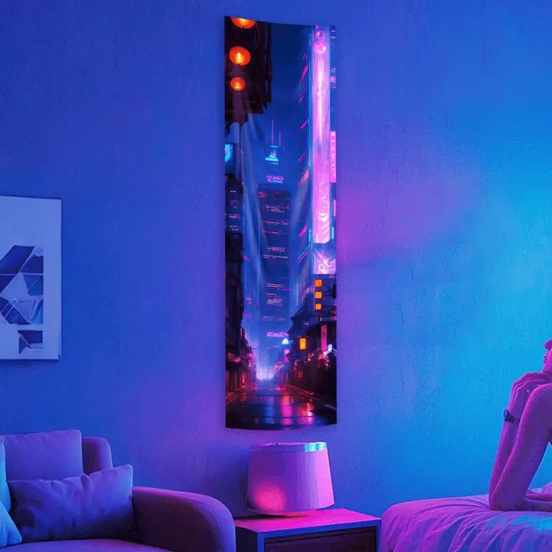 Long Vertical Version Of Cyberpunk City Tapestry, Living Room, Apartment Background, Wall Decoration, Room Decoration