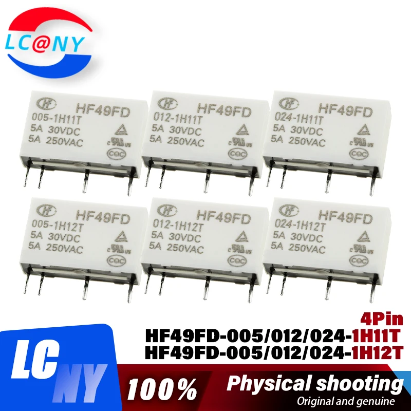 10Pcs HF49FD Industrial relay HF49FD-005-1H11T HF49FD-012-1H11T HF49FD-024-1H11T 1H12T 5A 4PIN 5V 12V 24V Miniature power relay