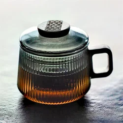 300ml Striped High Borosilicate Glass Tea Mugs Wooden Handle Tea Water Separation Tea Cup Kung Fu Tea Set Office Teacup